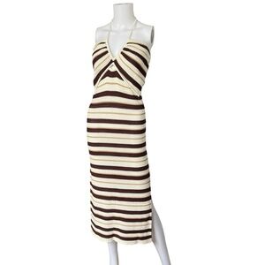 NEW Miou Muse Crochet Midi Dress Halter Top Brown Tan Stripes Womens Size Medium